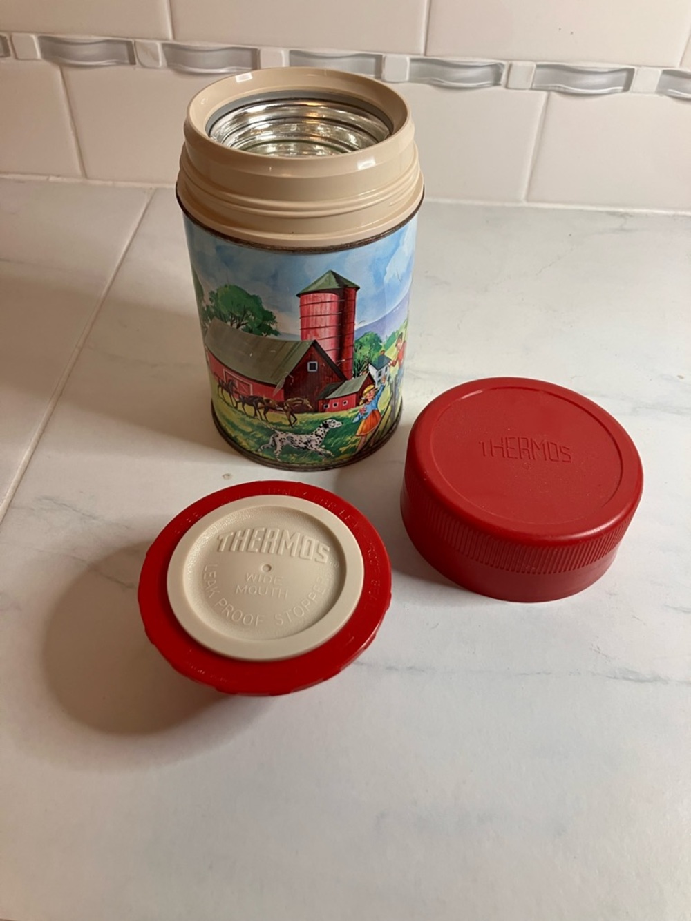 Thermos Insulated Food Jar with Cream Top and Red Lids - Farm Illustration